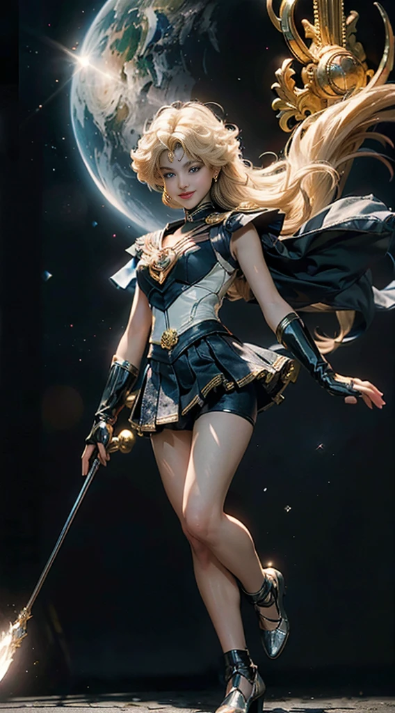 (Extreme detail CG Unity 8K wallpaper, masterpiece, highest quality), (exquisite lighting and shadow, highly dramatic picture, cinematic lens effect), (Sailor Moon: 1.1), charming smile, double tail, blue eyes, blond hair, tight top, RED gloves, mini skirt, dynamic pose), the background is the universe (excellent detail, excellent lighting, wide angle), (excellent rendering, enough to stand out in its class),all,whole body,whole