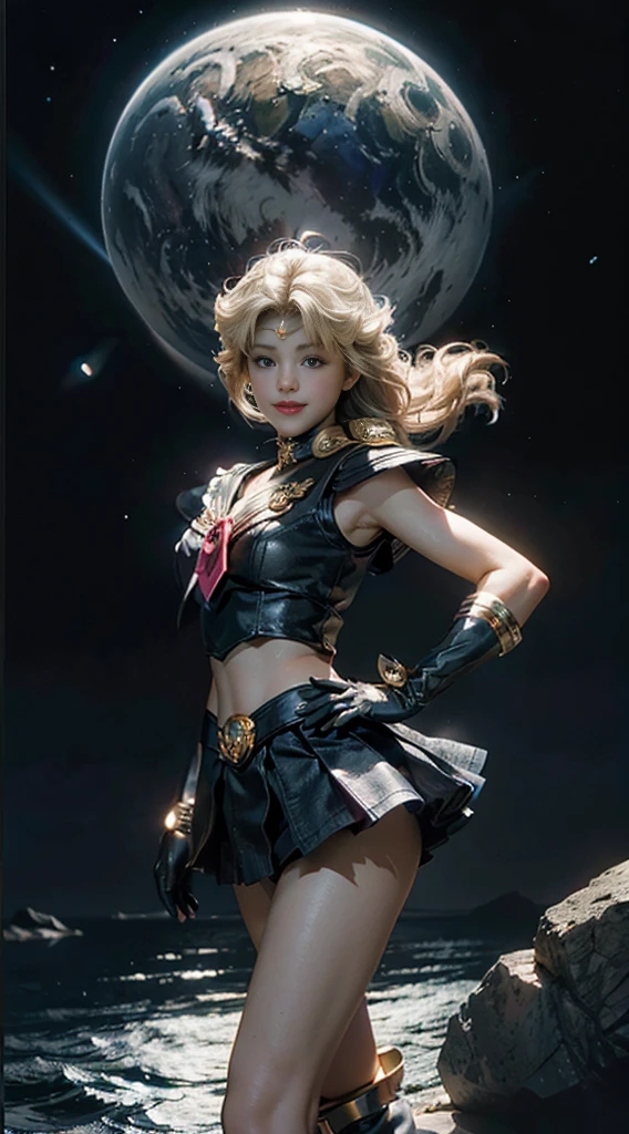 (Extreme detail CG Unity 8K wallpaper, masterpiece, highest quality), (exquisite lighting and shadow, highly dramatic picture, cinematic lens effect), (Sailor Moon: 1.1), charming smile, double tail, blue eyes, blond hair, tight top, RED gloves, mini skirt, dynamic pose), the background is the universe (excellent detail, excellent lighting, wide angle), (excellent rendering, enough to stand out in its class),all,whole body,whole