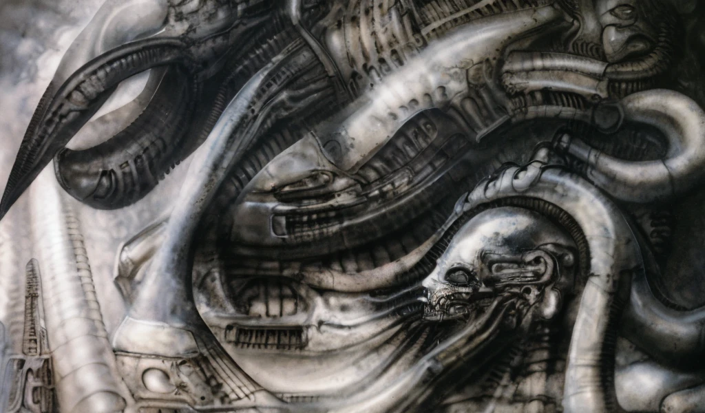 The image is a detailed view of H.R. Giger's biomechanical tableau \" Landscape XVI \" plate, featuring.
(airbrush painting, Giger's alien in front of broken alien ship in landscape, natural light, sharp focus, illustration, highly detailed, digital painting, concept art, matte, art by gric and kozhanov and moebius and Alphonse Mucha, masterpiece, HDR ,UHD , uplight, in HRGigerArhP style);1.
surrealistic painting of a monster with multiple tentacles and a body that looks like a brain, surrounded by a chaotic scene of swirling clouds and other monsters
It's a complex network of bones and organs in eldritch color scheme:a greenish-brown hue ,swirling gery and brown colors. The artwork is silverish and green brown, with an ivory bones prominently displayed. The image is highly detailed and intricate, almost like a 3d version of a medical sketchwork.
The piece is a tableau, most likely created with a India ink pen or pencil on paper, determined by the thin lines, shading techniques, and the texture of the paper, which is visible around the edges.
Used is pen, given the shading and variations in line weight visible in the image. Artist have used a variety of stylus with different degrees of hardness to achieve the shading effects.
The use of undersaturated green-grays dark contrasts creates a stark and graphic look. Is used a variety of linework techniques to create different textures. Fine, parallel lines create a smooth, metallic texture,while thicker, more cursive lines suggest cables or wires.
Light source from the top highlights skeletals, pper part of foreground, lower part of image is in shadowupper part of foreground, lower part of image is in shadow.
The art performance showcases the artist’s skills in observation and rendering. The level of detail in the piece suggests a close study of real bone specimens and mechanics. The artist has skillfully used shading techniques to create a convincing illusion of three-dimensionality on a flat surface. The wrinkles