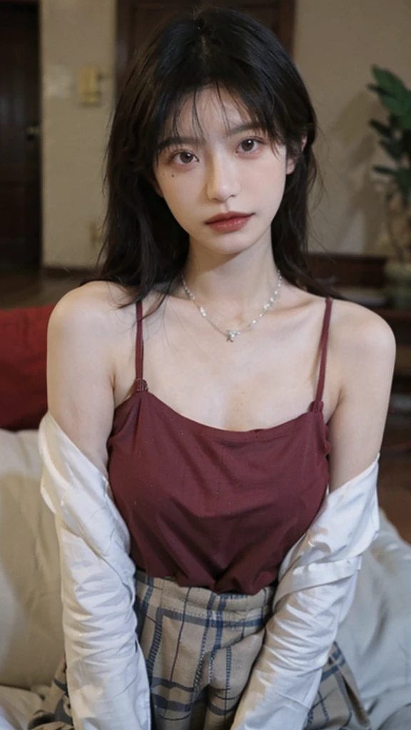 Film portrait photography, 1 girl, bare shoulders,lipstick,(flat chest:1.4), wear necklace,Big breasts,Cute expression,Exquisite makeup,Red suspenders,serene, calm, (Realistic and detailed eyes, natural skin texture, Realistic facial details), Soft dramatic lighting, depth of field, Bokeh, Vibrant details, Detailed and detailed, surreal, 35mm film, hazy, ,