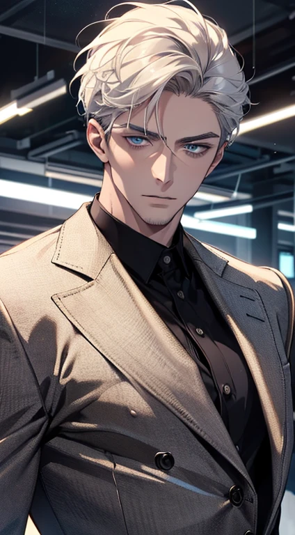 (best quality, masterpiece, 8K, photorealistic, cinematic lighting, hdr image, ultra detailed, beautiful image), 1 man, 31 years old, mature man, very handsome, (without expression, serious), short white hair, blue eyes ( penetrating gaze), perfect face without errors, imposing posture, without errors, businessman, office background
