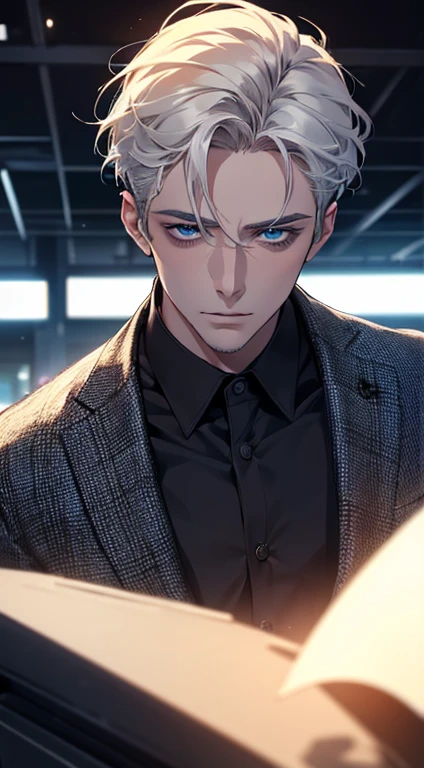 (best quality, masterpiece, 8K, photorealistic, cinematic lighting, hdr image, ultra detailed, beautiful image), 1 man, 31 years old, mature man, very handsome, (without expression, serious), short white hair, blue eyes ( penetrating gaze), perfect face without errors, imposing posture, without errors, businessman, office background