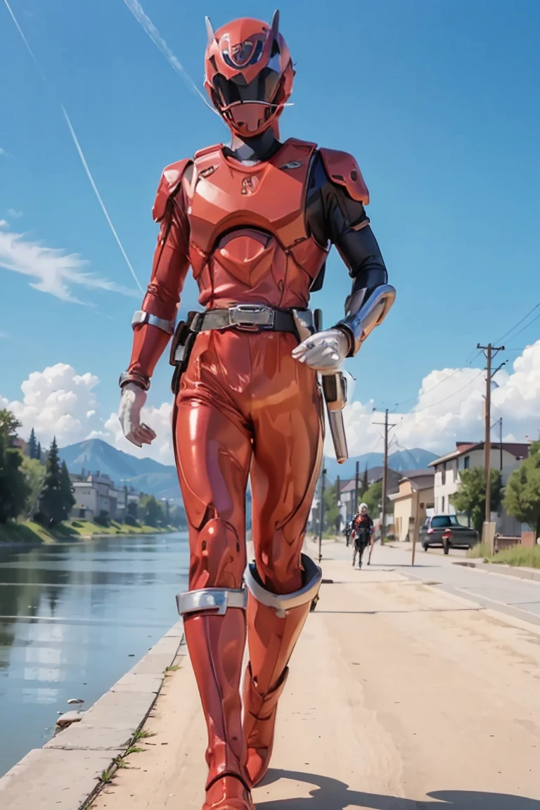 The sunset flies with the lonely geese in the distance, and the autumn river water and the vast sky are connected, icons,1boy, white, full body, Illustration, cinematic light, high resolution, best quality, ultra detailed, masterpiece, power suit, powerranger, suit, spd, (silver royal guard ranger suit), gold detail