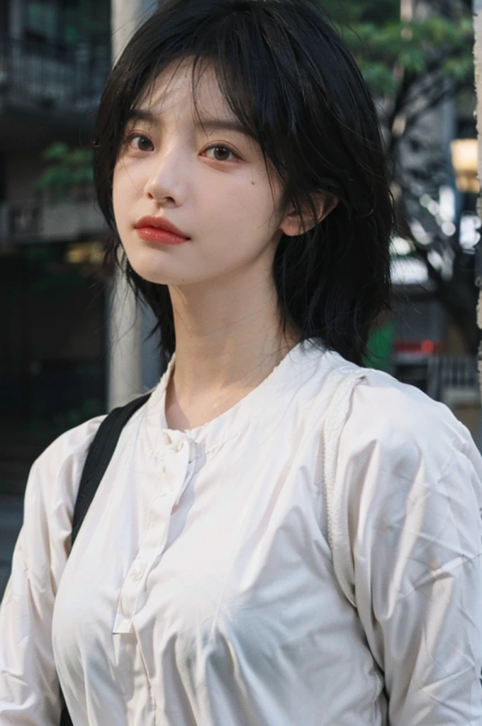 (Skin details:1.4), (smooth skin textures:1.3), Lipstick, background, earrings, Serene, calm, (Realistic and detailed eyes:1.2), (Large Breasts:1.3),Natural skin texture, Realistic facial details, Soft dramatic lighting, Vivid details, 35 mm film, outdoor, (Photo Practical:1.4), (hyper Practical:1.4), (Practical:1.3), (Smoother lighting:1.05), (Improve lighting quality:0.9), (Highest quality real skin textures:1.4), Exquisite eyes, Delicate face, Close-up of face, (Enhance the beauty of skin texture:1.1), Hair details, Model,normal body ratio, short hair, Moles under the eyes, Park background,Portrait Photography, Depth of Field, bokeh, Surrealism, Ray Tracing, (Portrait Photography:1.1), Surrealism, High Detail, clair obscur, Ray Tracing, reflected light, ultra HD, ultra HD, masterpiece, Textured Skin, Super Detail, High Detail, high quality, best quality
