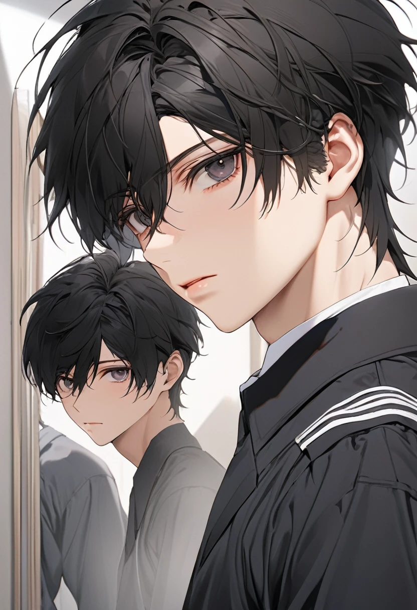 A highschool boy, handsome, perfect body, black hair, short hair, mullet, black eyes, upturned eyes, expressionless, black highschool uniform, anime, first-person view, masterpiece, anatomically correct, high details, highres, best quality, super detail, 1080P
