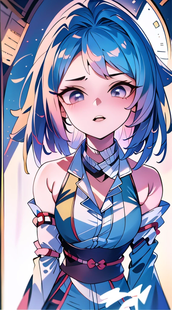 Ji Ruxue mini chibi avatar, short hair, wolfcut hairstyle, smoky mix blue color hair