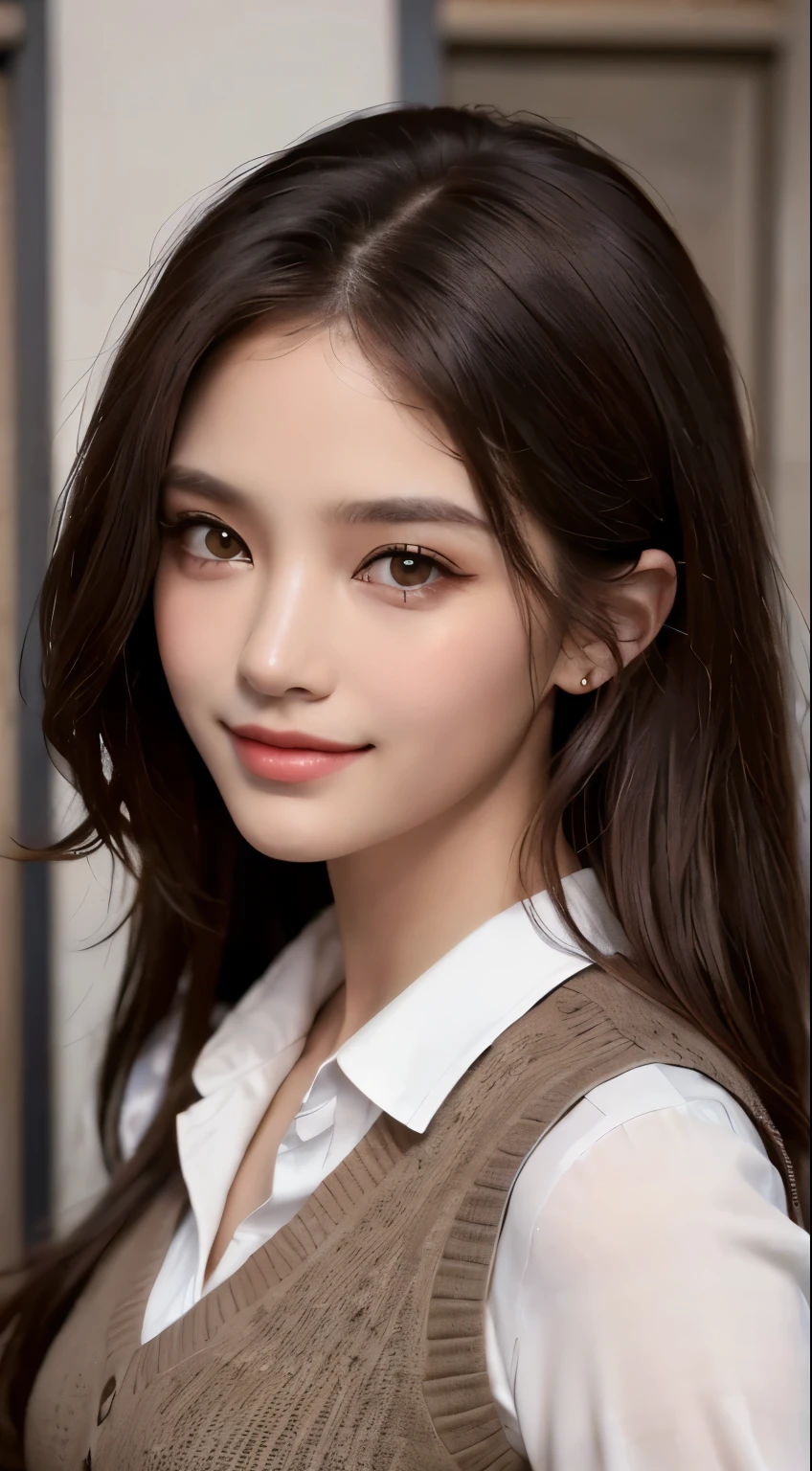 strong sense of reality,(best quality,4K,masterpiece:1.3),pretty women,1 girl,raised to be sexy:1.1,dark brown hair:1.1,white vest,very detailed face,detailed lips,eye for detail,double eyelid、black big eyes、smile
