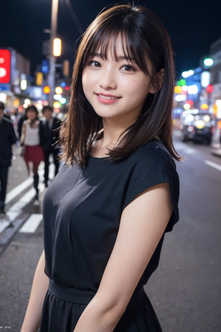 1 Girl, Tokyo Street,night, Streetscape,City lights,Upper Body,close,smile,, (8K, RAW Photos, Highest quality, masterpiece:1.2),(Realistic, photo-Realistic:1.37),