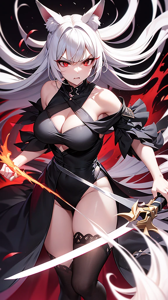 An adult woman half fox and wolf, wide breasts, red eyes, white hair, very angry, in a black little open dress, holding a sword