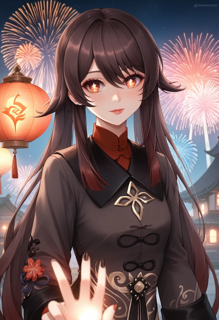 best quality, medieval, solo girl, 4k, high resolution , anime girl , young girl, 24 years old, bangs, long hair, cute face, perfect shot, perfect anatomy, detailed face, detailed eyes, chinese port at night background , chinese new year, fireworks, tall girl, 2 girls, realistic, 4k , masterpiece, best quality , ilustration, digital art, hu tao, genshin impact, full body, close up, first person view, walking, side view, standing, pov