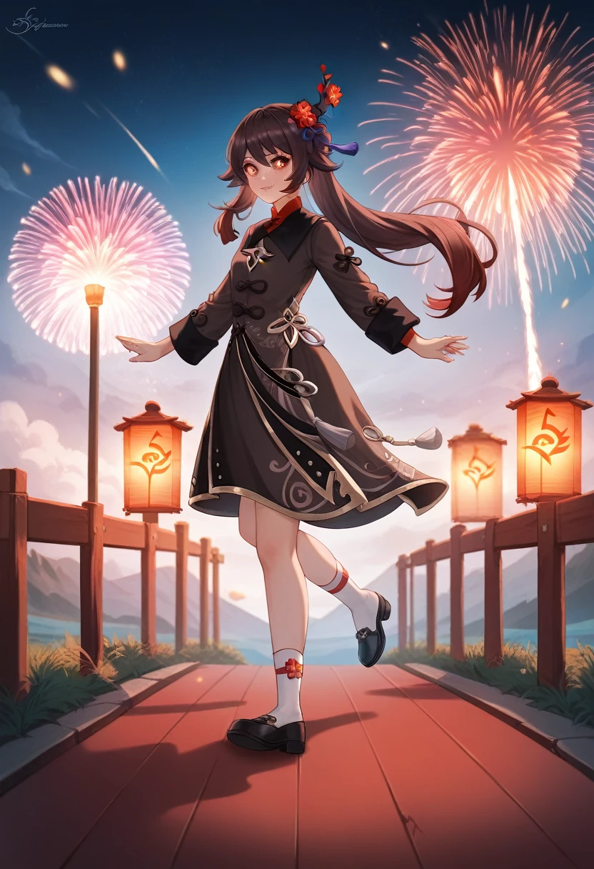 best quality, medieval, solo girl, 4k, high resolution , anime girl , young girl, 24 years old, bangs, long hair, cute face, perfect shot, perfect anatomy, detailed face, detailed eyes, chinese port at night background , chinese new year, fireworks, tall girl, 2 girls, realistic, 4k , masterpiece, best quality , ilustration, digital art, hu tao, genshin impact, full body, close up, first person view, walking, side view, standing, pov