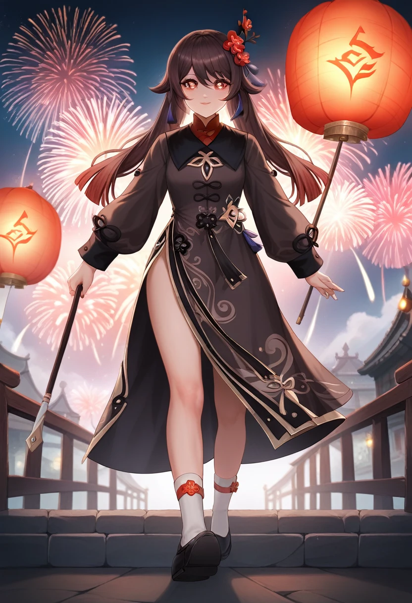 best quality, medieval, solo girl, 4k, high resolution , anime girl , young girl, 24 years old, bangs, long hair, cute face, perfect shot, perfect anatomy, detailed face, detailed eyes, chinese port at night background , chinese new year, fireworks, tall girl, 2 girls, realistic, 4k , masterpiece, best quality , ilustration, digital art, hu tao, genshin impact, full body, close up, first person view, walking, side view, standing, pov