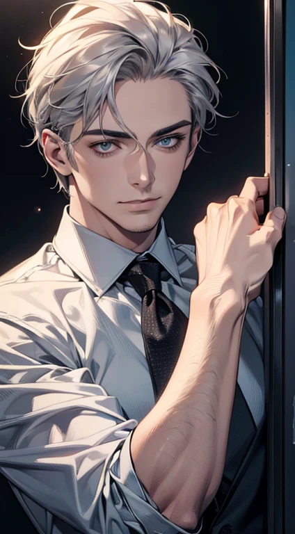 (best quality,4k,8k,highres,masterpiece:1.2),ultra-detailed,(realistic,photorealistic,photo-realistic:1.37),1 man,31 years old,mature man,very handsome,without expression,smile,short grey silver hair,blue eyes,penetrating gaze,perfect face without errors,imposing posture,businessman,office background,cinematic lighting,hdr image