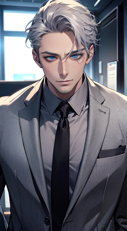 (best quality,4k,8k,highres,masterpiece:1.2),ultra-detailed,(realistic,photorealistic,photo-realistic:1.37),1 man,31 years old,mature man,very handsome,without expression,smile,short grey silver hair,blue eyes,penetrating gaze,perfect face without errors,imposing posture,businessman,office background,cinematic lighting,hdr image