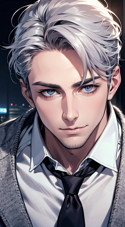 (best quality,4k,8k,highres,masterpiece:1.2),ultra-detailed,(realistic,photorealistic,photo-realistic:1.37),1 man,31 years old,mature man,very handsome,without expression,smile,short grey silver hair,blue eyes,penetrating gaze,perfect face without errors,imposing posture,businessman,office background,cinematic lighting,hdr image