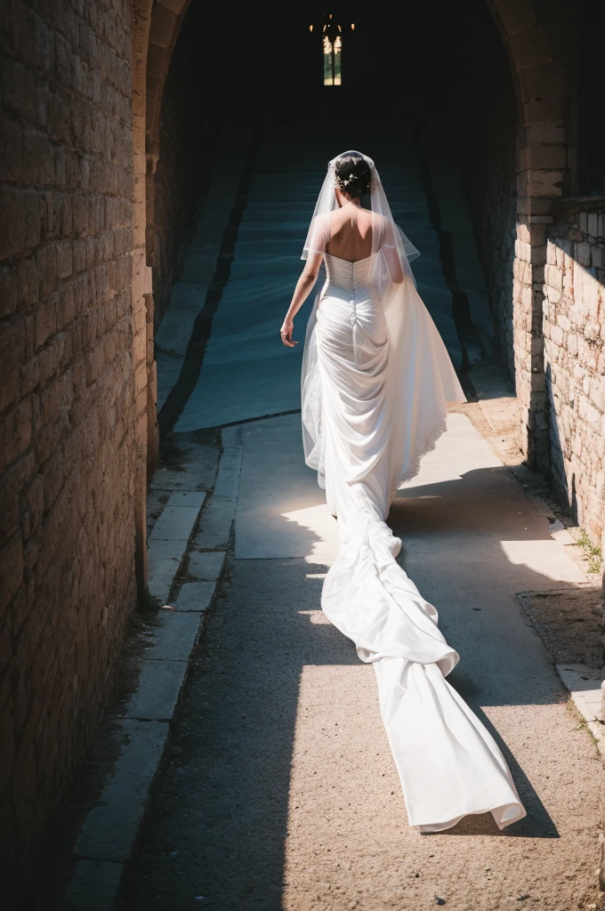 A white shadow of a bride walking towards her groom