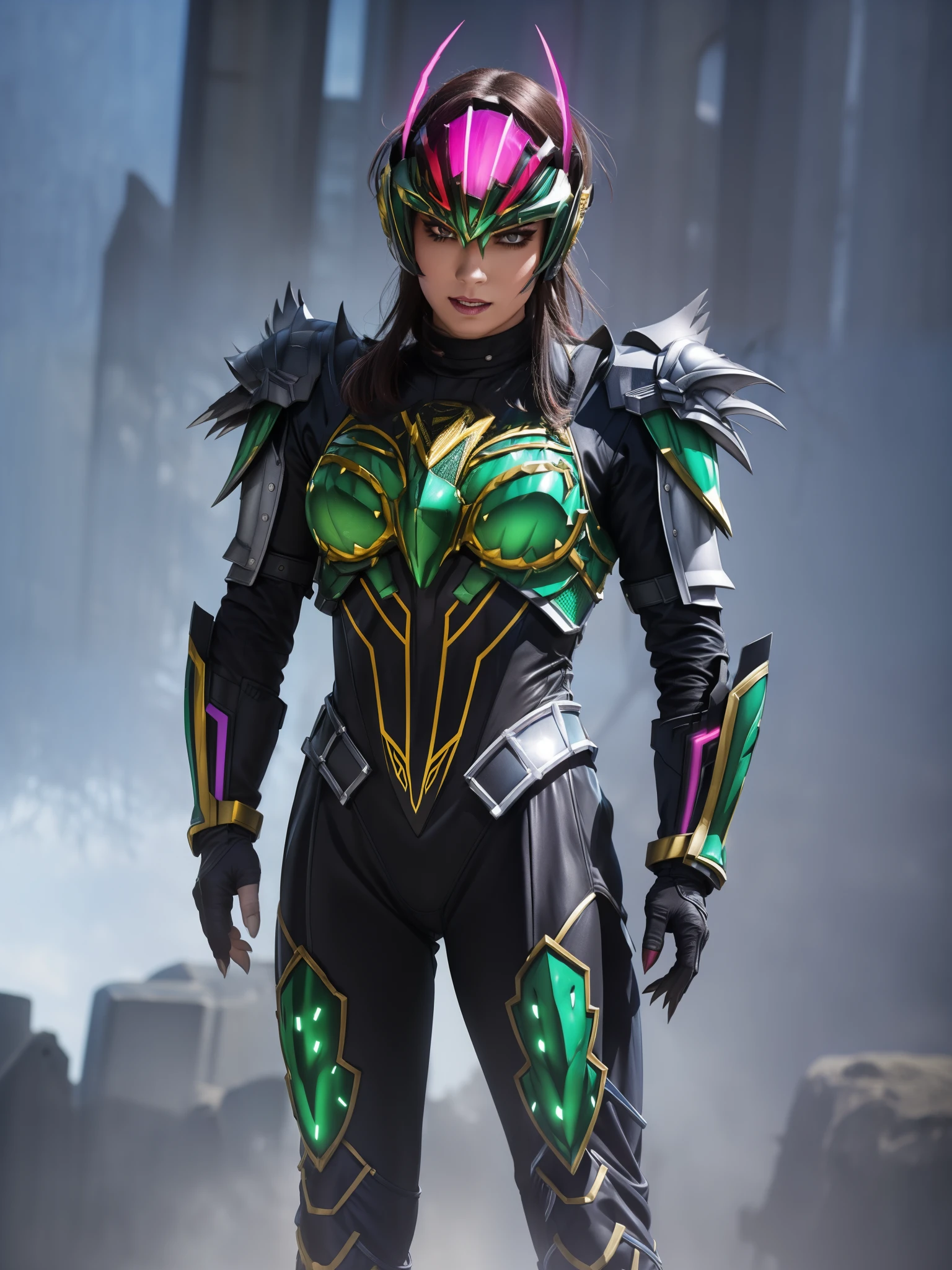 (best quality,4k,8k,highres,masterpiece:1.2),ultra-detailed,(realistic,photorealistic,photo-realistic:1.37),Female Villain commander from Super Sentai,leading a squad of troopes,hypnotic bright eyes,powerful and mysterious aura,dark lipstick and sharp facial features,bold and confident expression,commanding posture,wearing a black tight-fitting bodysuit embellished with silver armor plates,gloves with sharp claws and black boots,animated look of the troopes,each troope wearing a different colored suit: red, blue, yellow, and green,unified troopes' helmets with unique designs matching their suit colors,energy weapons in their hands,futuristic cityscape as the backdrop,neon lights reflecting off their armor,mixed with shadows and mist for a dramatic effect,action-packed scene filled with intense energy,Sci-fi concept art style,vibrant and contrasting colors,enhanced with magenta and electric blue tones,studio lighting,emphasizing the details of the characters and the environment.