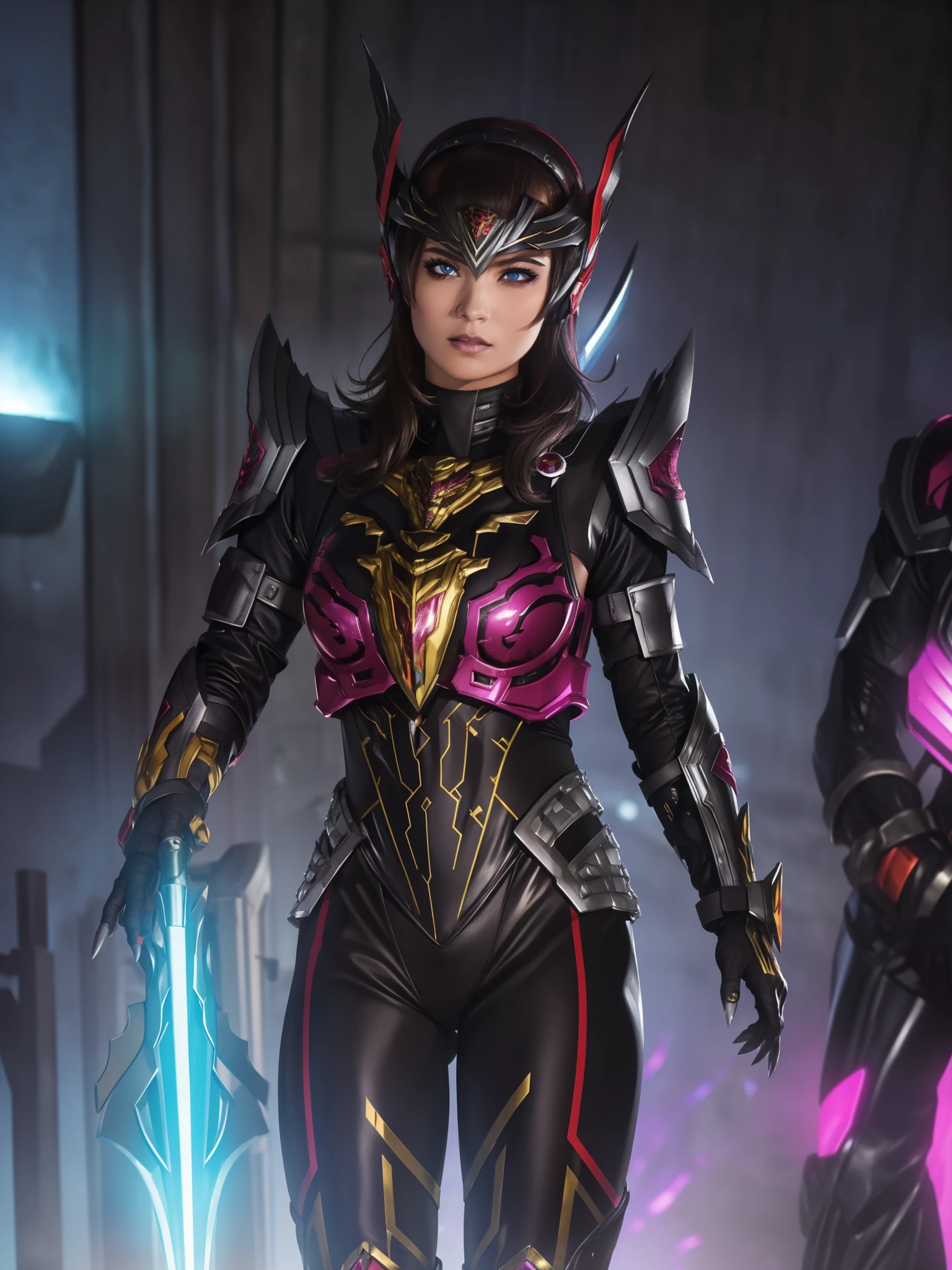 (best quality,4k,8k,highres,masterpiece:1.2),ultra-detailed,(realistic,photorealistic,photo-realistic:1.37),Female Villain commander from Super Sentai,leading a squad of troopes,hypnotic bright eyes,powerful and mysterious aura,dark lipstick and sharp facial features,bold and confident expression,commanding posture,wearing a black tight-fitting bodysuit embellished with silver armor plates,gloves with sharp claws and black boots,animated look of the troopes,each troope wearing a different colored suit: red, blue, yellow, and green,unified troopes' helmets with unique designs matching their suit colors,energy weapons in their hands,futuristic cityscape as the backdrop,neon lights reflecting off their armor,mixed with shadows and mist for a dramatic effect,action-packed scene filled with intense energy,Sci-fi concept art style,vibrant and contrasting colors,enhanced with magenta and electric blue tones,studio lighting,emphasizing the details of the characters and the environment.