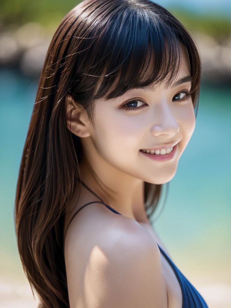 detailed girl, solo, beautiful detailed eyes, beautiful detailed lips, extremely detailed eyes and face, longeyelashes, cinematic, grainy:0.5, volumetric lighting, extremely detailed background, smiling, half closed eyes, from side, beach, bikini, best quality,4k,8k,highres,masterpiece:1.2,ultra-detailed,realistic,photorealistic,photo-realistic:1.37