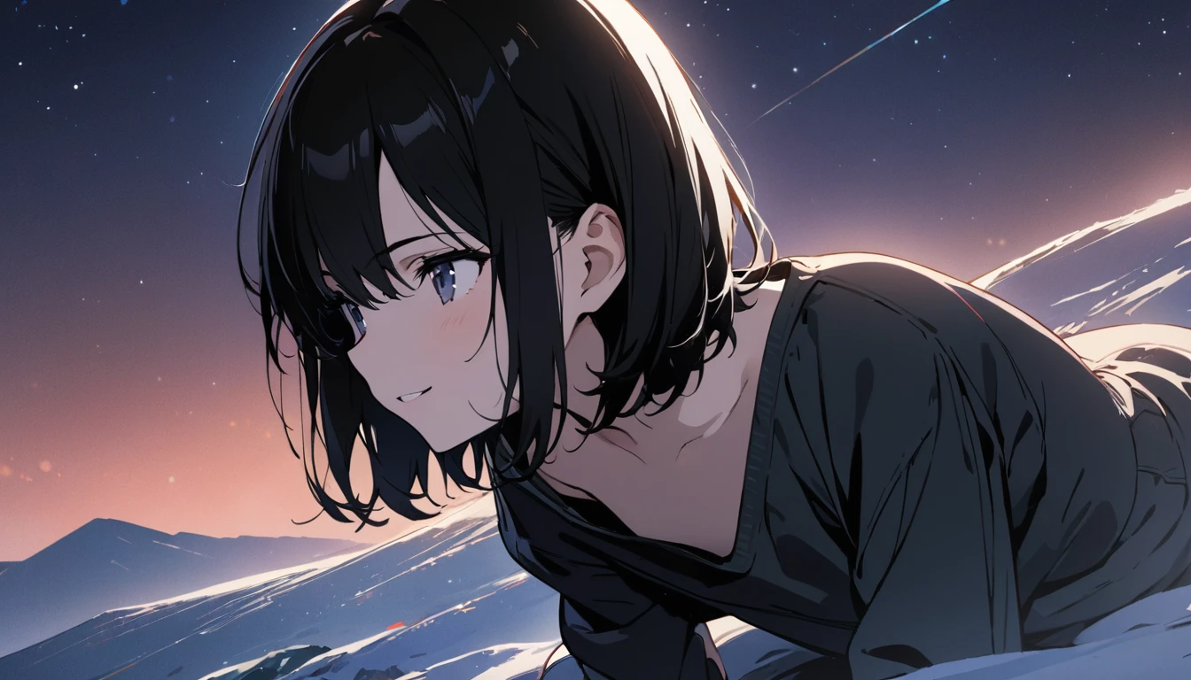 1girl, solo, gentle smile on her face flat chest, short hair, black hair, upper body, ((masterpiece, illustration, best quality)) ((best quality)), ((masterpiece)), (detailed), On the top of the mountain at night，The girl crouched on the ground looking at the night sky in the distance