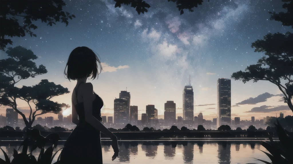 真っ暗なnight空,cafe,Octane, star (null), scenery, Blue parakeet,The acoustic guitar is in front of the body.,star, night, A girl and a boy standing back to back, Back view, alone, Outdoor, city,river,Blue parakeet,building, cloud, 天のriver,silhouette