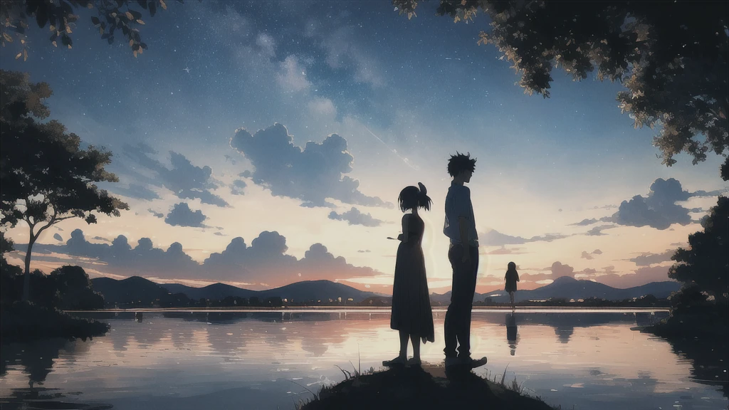 真っ暗なnight空,cafe,Octane, star (null), scenery, Blue parakeet,The acoustic guitar is in front of the body.,star, night, A girl and a boy standing back to back, Back view, alone, Outdoor, city,river,Blue parakeet,building, cloud, 天のriver,silhouette