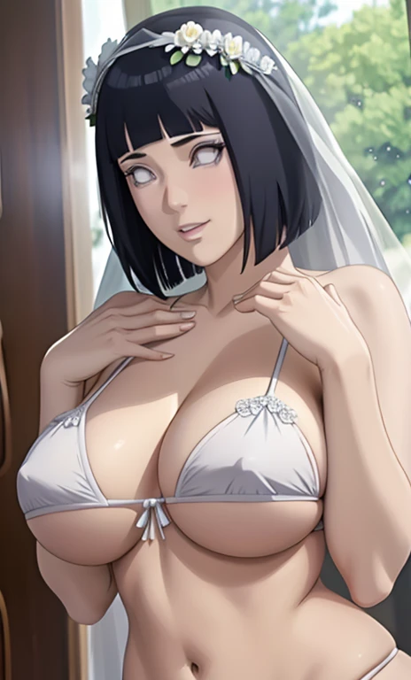 standing, solo, hinata\(boruto\), 1girl, mature female, (very tight plain white micro bikini, wedding veil, white flower wedding crown), no shirt, showing off), sideboob, large breasts, areola slip, cleavage, leaning forward, hanging breasts, curvy, hands up, arms up, looking at viewer, blush, parted lips, light smile, short hair