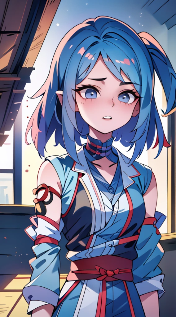 Ji Ruxue chibi avatar, short hair, wolfcut hairstyle, smoky mix blue color hair