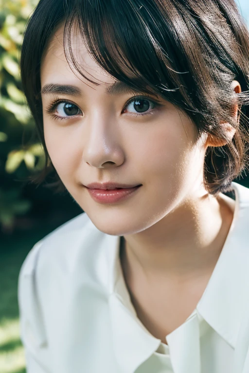 (award winning, 8k, super detailed, high resolution, best quality, professional photography, portrait), 1girl, solo, (young girl) beautiful girl, beautiful eyes, detailed eyes, (black eye), (white blouse with collar), short hair, black hair, walking in the park, POV, [coy smile], summer light, (chin down), ((shy expression)), greeny, pretty lip