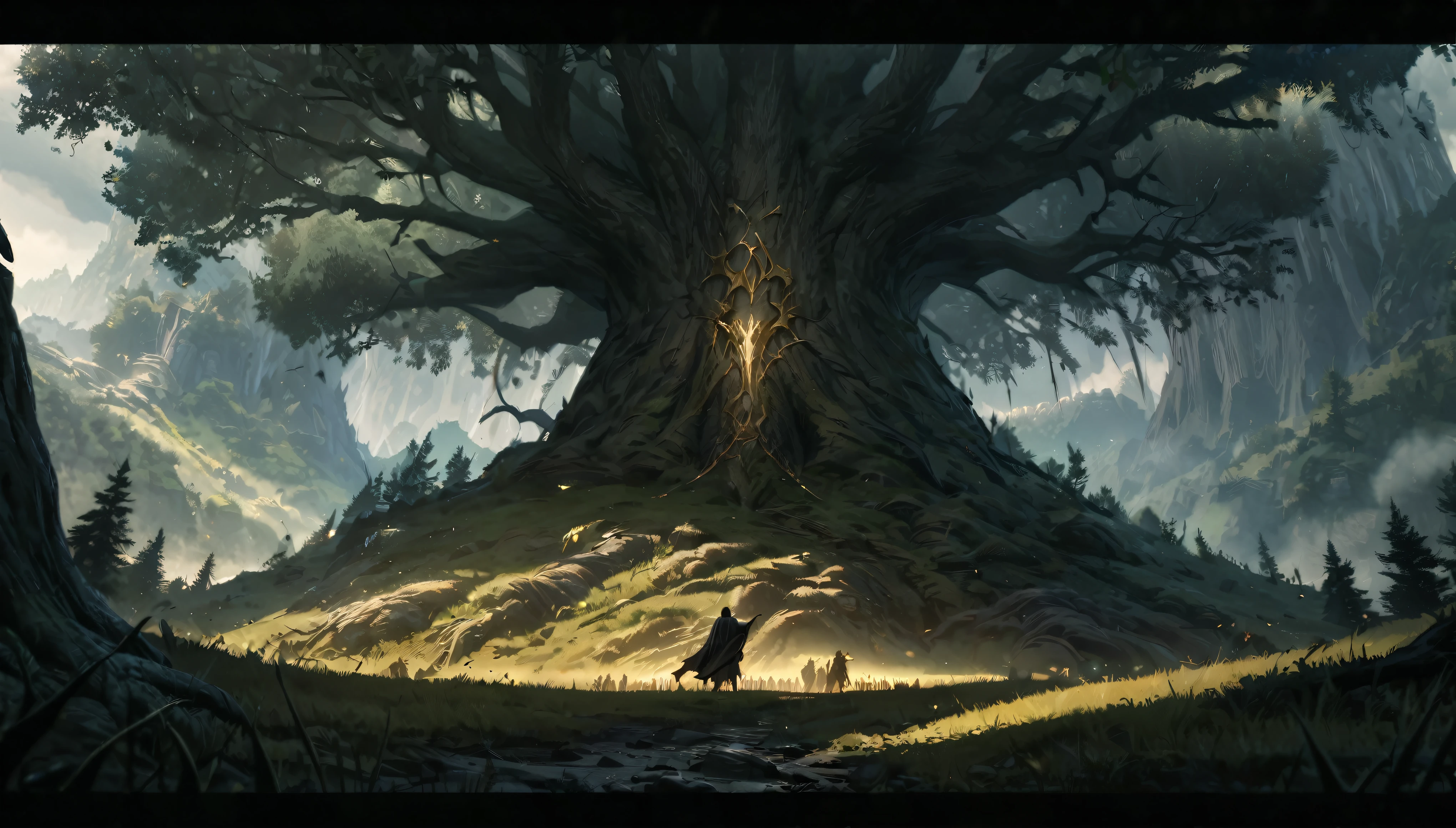 dark fantasy aestetics, elden ring, elden ring style dark night, dim light, huge cracked tree on the background, tree of the shdows, tree shines gold, veil covering the land, dark fantasy scene, cinematic sceme, breathtaking view, big grass field on the background, dark fantasy, horror, dnd, atmospheric perspective, perspective, wide shot, 4K, 8k, highres, high quality, masterpiece, best quality