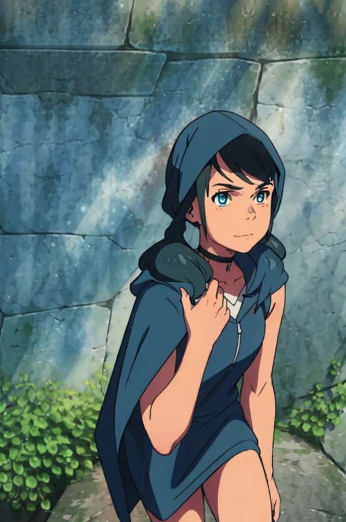 By hand_hina, twintails, blue colored eyes, hooded cloak, sleeveless, anime coloring), gazing at viewer, ssmile, (fully body), arms behind the back, standing on one leg