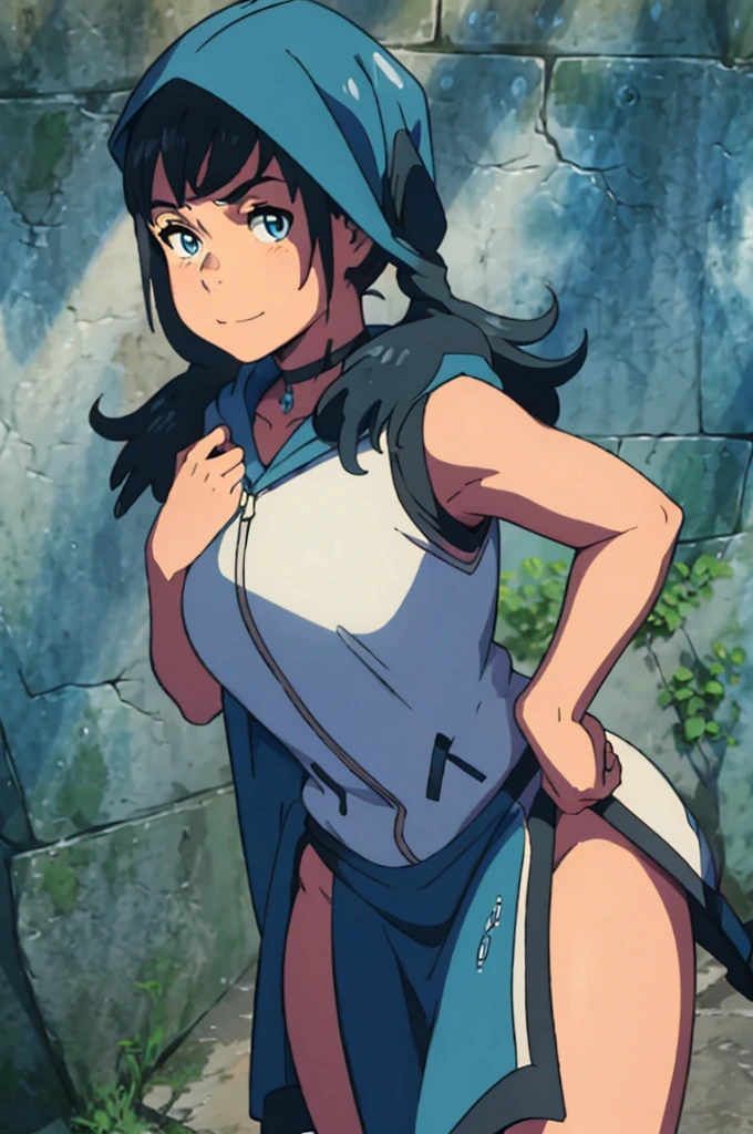 By hand_hina, twintails, blue colored eyes, hooded cloak, sleeveless, anime coloring), gazing at viewer, ssmile, (fully body), arms behind the back, standing on one leg