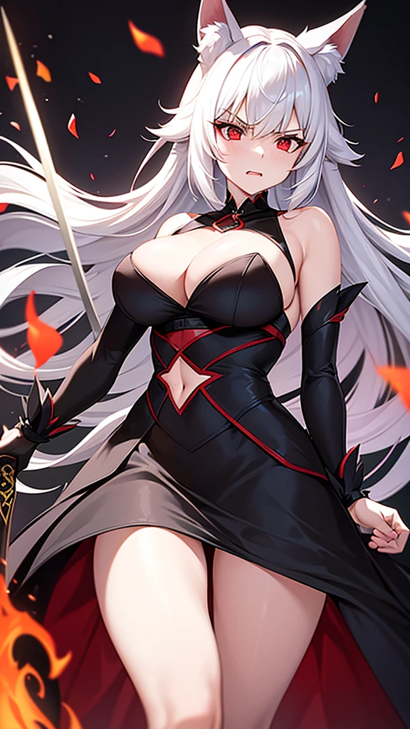 An adult woman half fox and wolf, wide breasts, red eyes, white hair, very angry, in a black little open dress, holding a sword