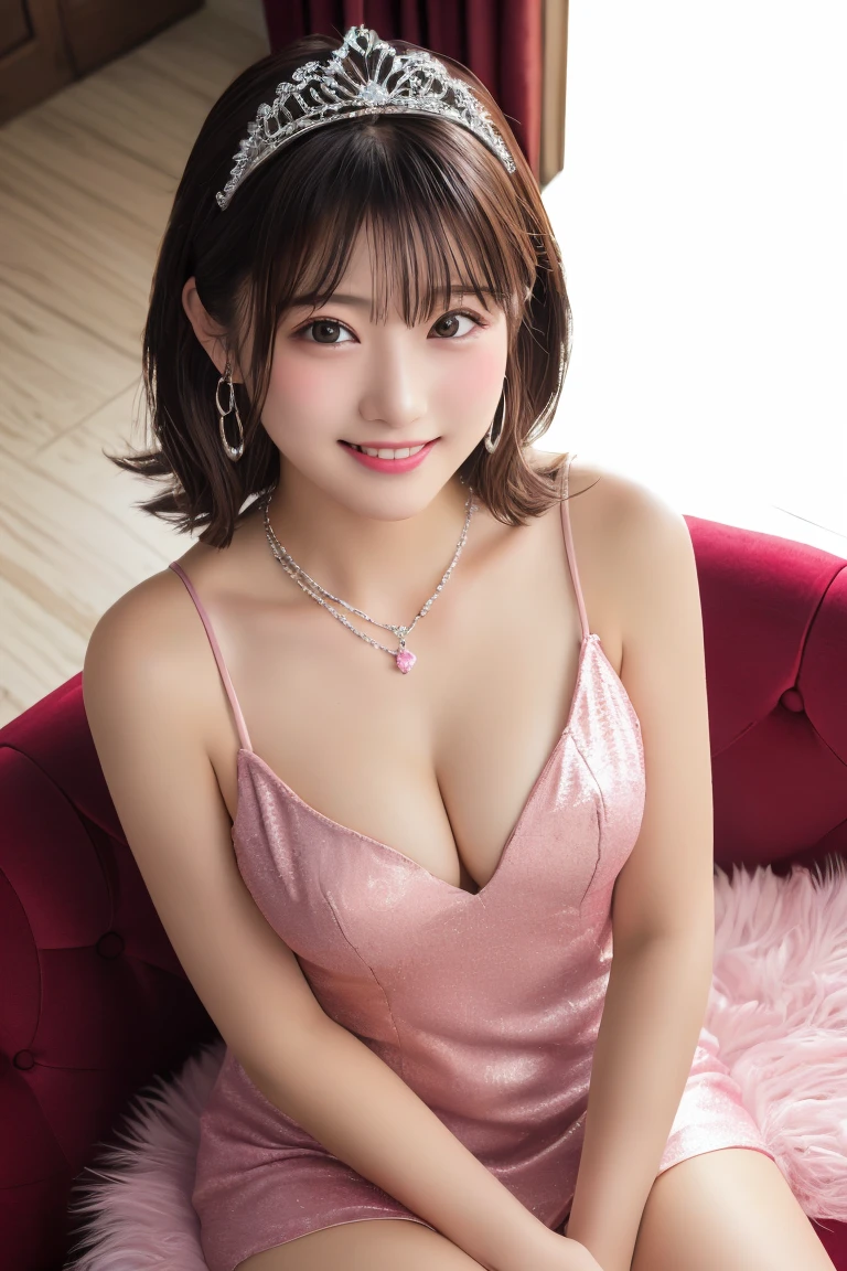 Highest quality, (beautiful)、Pink strap mini dress、Larger breasts、Brown Hair、looking at the camera、Sit on the sofa、Close-up、smile、pub、tiara、necklace、Earrings、Holding a glass in your hand、Shoot from above