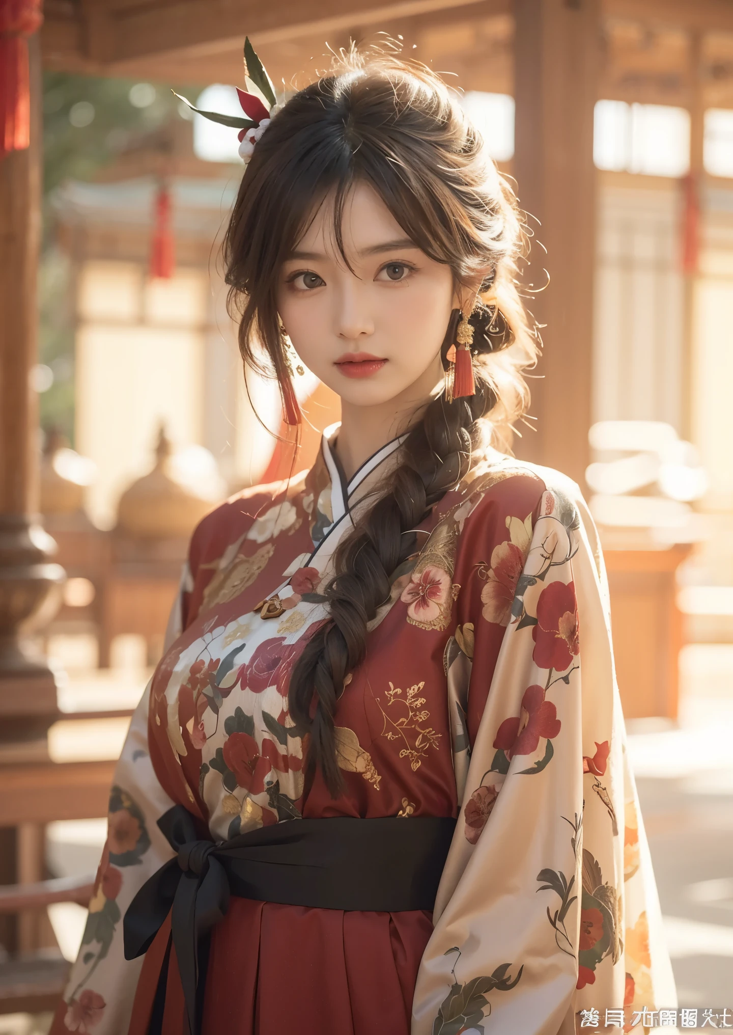 Beautiful Japanese Waifu, brunette hair, traditional chinese silk dress, red white black, in a chinese court yard