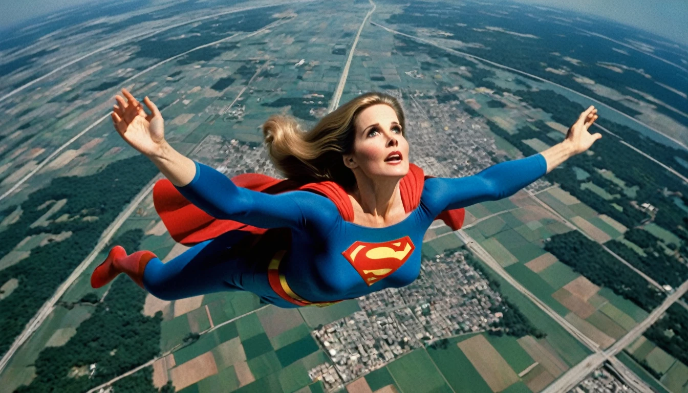 A great abyss; satellite view; determined Julie Hagerty 1980 Superman movie; impulse to jump take-off position; impulse to jump; arms stretched upwards; "For the up and away". 