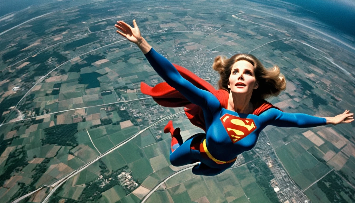 A great abyss; satellite view; determined Julie Hagerty 1980 Superman movie; impulse to jump take-off position; impulse to jump; arms stretched upwards; "For the up and away". 