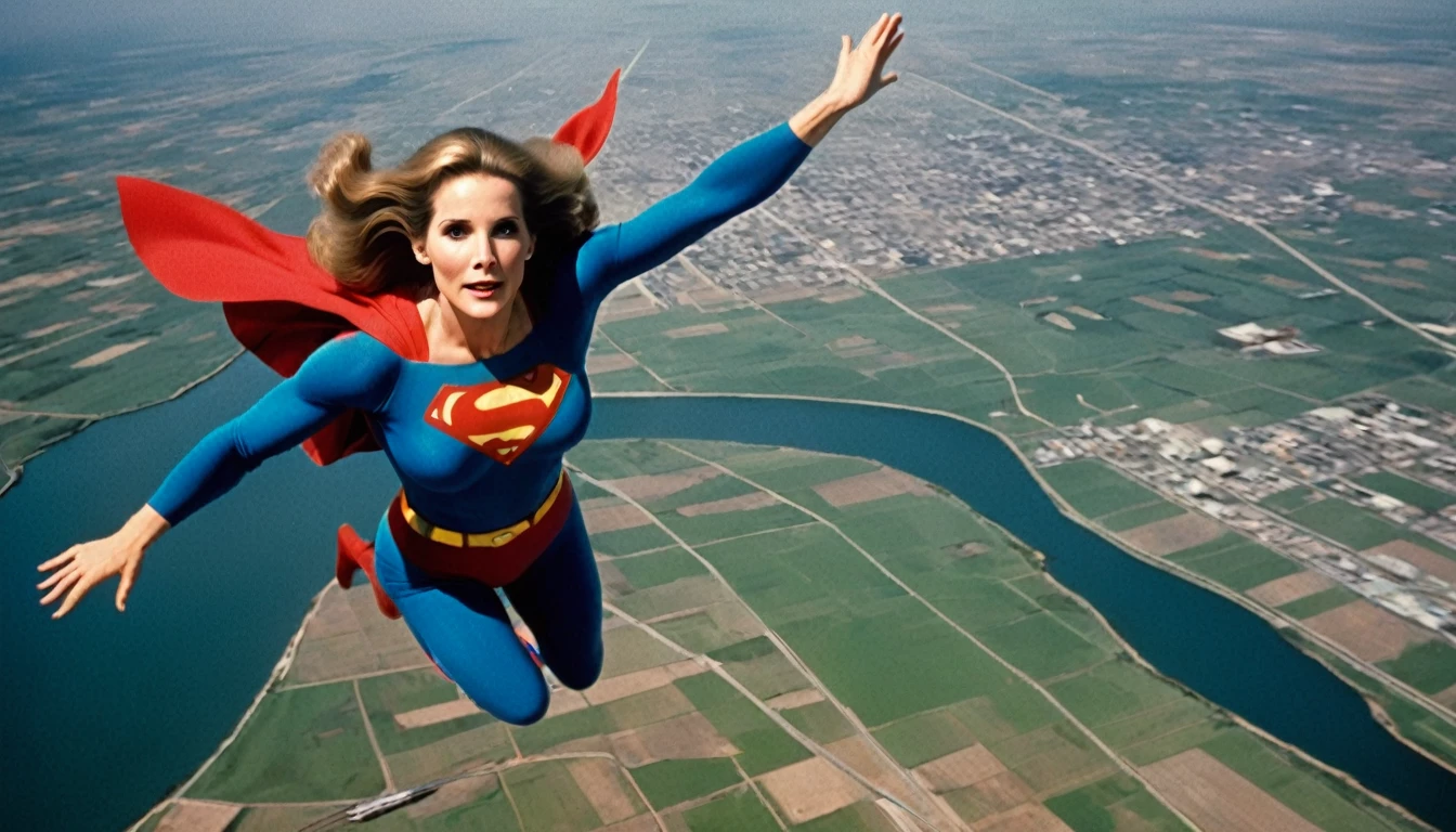 A great abyss; satellite view; determined Julie Hagerty 1980 Superman movie; impulse to jump take-off position; impulse to jump; arms stretched upwards; "For the up and away". 