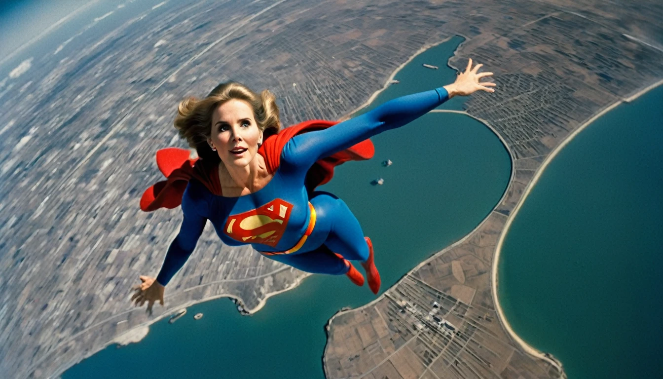 A great abyss; satellite view; determined Julie Hagerty 1980 Superman movie; impulse to jump take-off position; impulse to jump; arms stretched upwards; "For the up and away". 