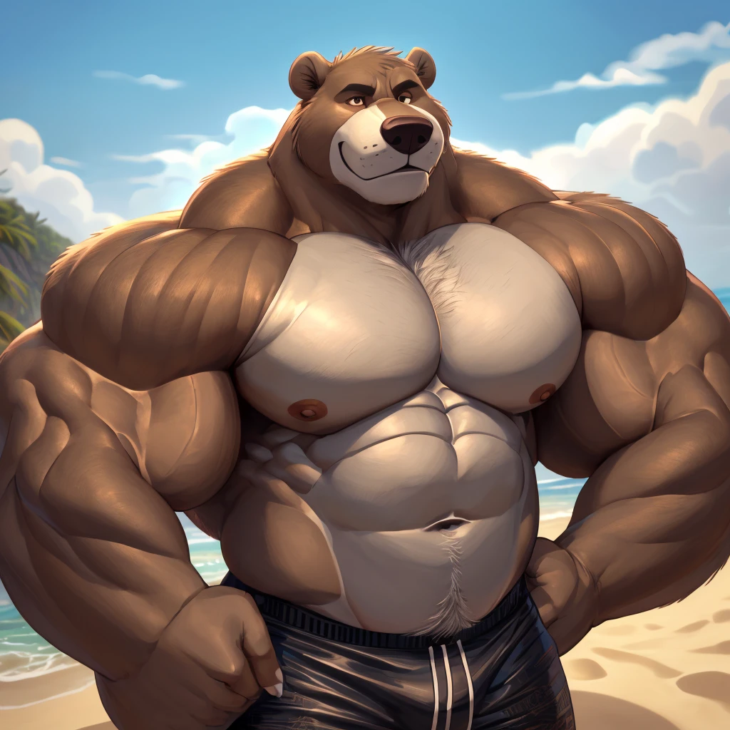 solo, 1boy, beach, size different, extremely huge muscular, massive muscular, Baloo, jungle book, grizzly bear, full-body, well-muscled bring shirtless in a black swim trunk shorts in beach. Flexing his arms. ((extremely muscle size, super thick arms, huge bidy, thick brown fur, extremely wide body and shoulder , huge arms)). and add details to make it attractive and interesting. Add textures and details to make the image more realistic, such as the appearance of the shirt texture and the appearance of the skin. Make sure the resulting image is high resolution, 8K quality.", simple background, masterpiece, high detailed, 8k, high resolution