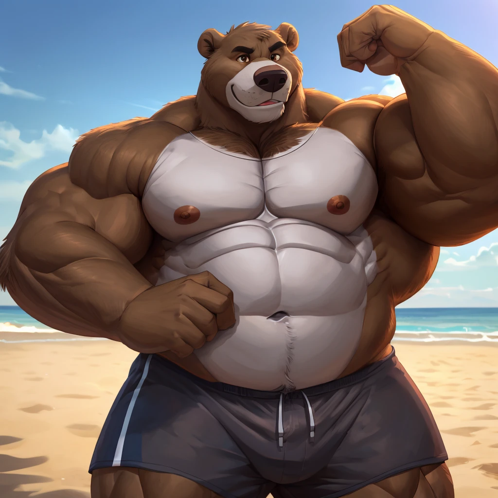 solo, 1boy, beach, size different, extremely huge muscular, massive muscular, Baloo, jungle book, grizzly bear, full-body, well-muscled bring shirtless in a black swim trunk shorts in beach. Flexing his arms. ((extremely muscle size, super thick arms, huge bidy, thick brown fur, extremely wide body and shoulder , huge arms)). and add details to make it attractive and interesting. Add textures and details to make the image more realistic, such as the appearance of the shirt texture and the appearance of the skin. Make sure the resulting image is high resolution, 8K quality.", simple background, masterpiece, high detailed, 8k, high resolution