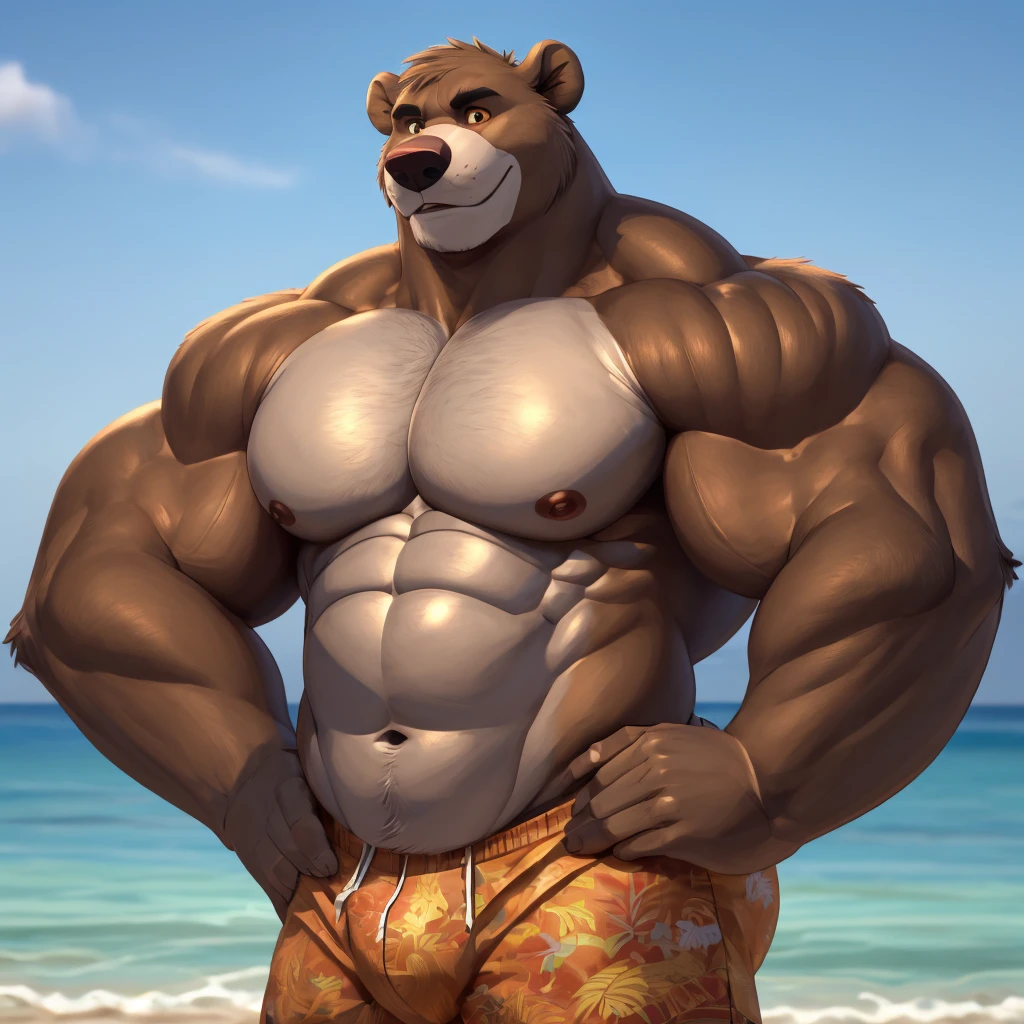 solo, 1boy, beach, size different, extremely huge muscular, massive muscular, Baloo, jungle book, grizzly bear, full-body, well-muscled bring shirtless in a black swim trunk shorts in beach. Flexing his arms. ((extremely muscle size, super thick arms, huge bidy, thick brown fur, extremely wide body and shoulder , huge arms)). and add details to make it attractive and interesting. Add textures and details to make the image more realistic, such as the appearance of the shirt texture and the appearance of the skin. Make sure the resulting image is high resolution, 8K quality.", simple background, masterpiece, high detailed, 8k, high resolution