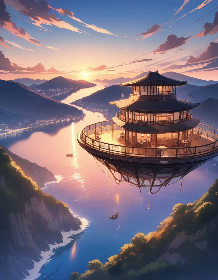 A vibrant mountain at sunset, sea in the background, cafe floating in the sky