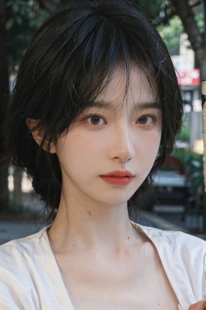 (Skin details:1.4), (smooth skin textures:1.3), Lipstick, background, earrings, Serene, calm, (Realistic and detailed eyes:1.2), (Large Breasts:1.3),Natural skin texture, Realistic facial details, Soft dramatic lighting, Vivid details, 35 mm film, outdoor, (Photo Practical:1.4), (hyper Practical:1.4), (Practical:1.3), (Smoother lighting:1.05), (Improve lighting quality:0.9), (Highest quality real skin textures:1.4), Exquisite eyes, Delicate face, Close-up of face, (Enhance the beauty of skin texture:1.1), Hair details, Model,normal body ratio, short hair, Moles under the eyes, Park background,Portrait Photography, Depth of Field, bokeh, Surrealism, Ray Tracing, (Portrait Photography:1.1), Surrealism, High Detail, clair obscur, Ray Tracing, reflected light, ultra HD, ultra HD, masterpiece, Textured Skin, Super Detail, High Detail, high quality, best quality