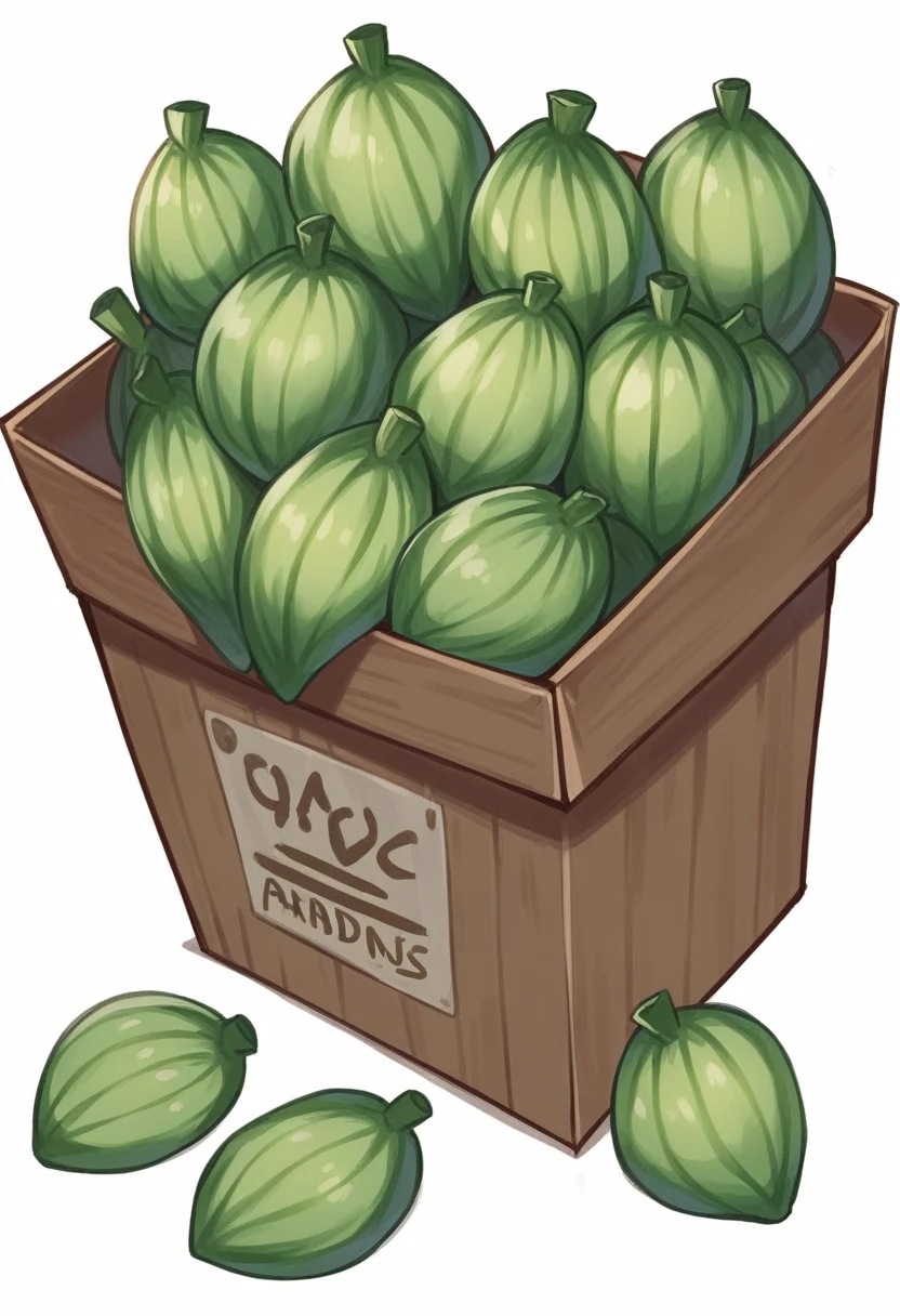 Create an illustration of a large wooden box filled to the brim with fresh organic vegetables, set against a plain white background. The vegetables should be vividly colored and detailed, featuring items like cucumbers, radishes, spinach, and eggplants. The wooden box should have a natural, rustic appearance, with the clean white background making the produce stand out