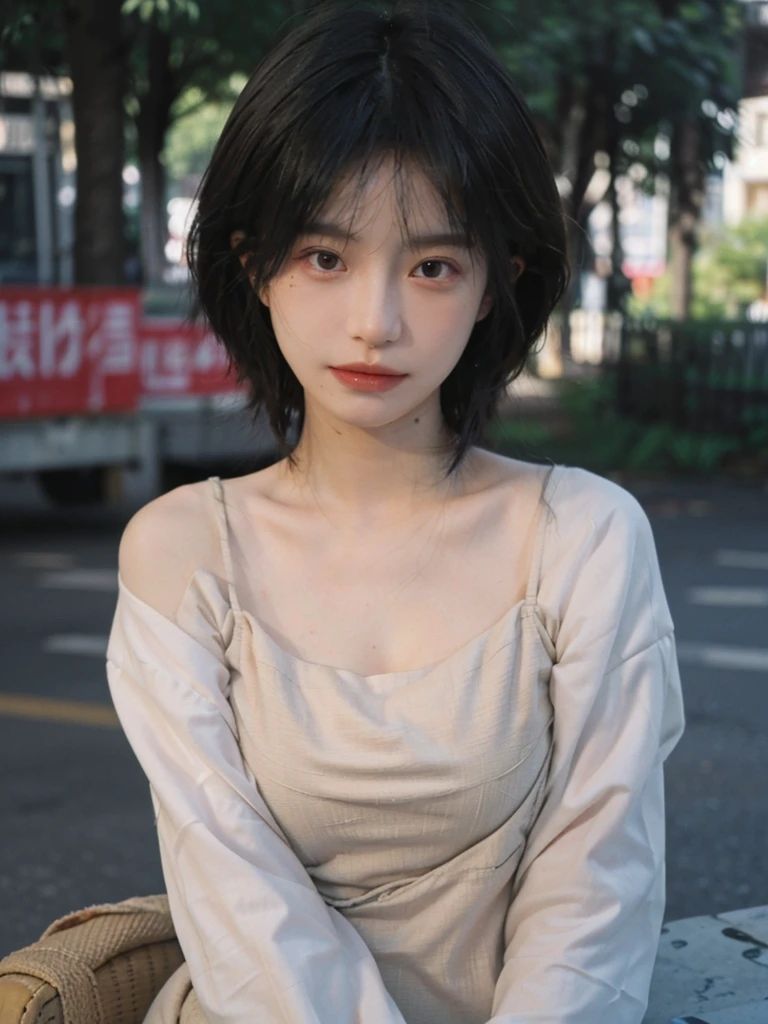 (Skin details:1.4), (smooth skin textures:1.3), Lipstick, background, earrings, Serene, calm, (Realistic and detailed eyes:1.2), (Large Breasts:1.3),Natural skin texture, Realistic facial details, Soft dramatic lighting, Vivid details, 35 mm film, outdoor, (Photo Practical:1.4), (hyper Practical:1.4), (Practical:1.3), (Smoother lighting:1.05), (Improve lighting quality:0.9), (Highest quality real skin textures:1.4), Exquisite eyes, Delicate face, Close-up of face, (Enhance the beauty of skin texture:1.1), Hair details, Model,normal body ratio, short hair, Moles under the eyes, Park background,Portrait Photography, Depth of Field, bokeh, Surrealism, Ray Tracing, (Portrait Photography:1.1), Surrealism, High Detail, clair obscur, Ray Tracing, reflected light, ultra HD, ultra HD, masterpiece, Textured Skin, Super Detail, High Detail, high quality, best quality