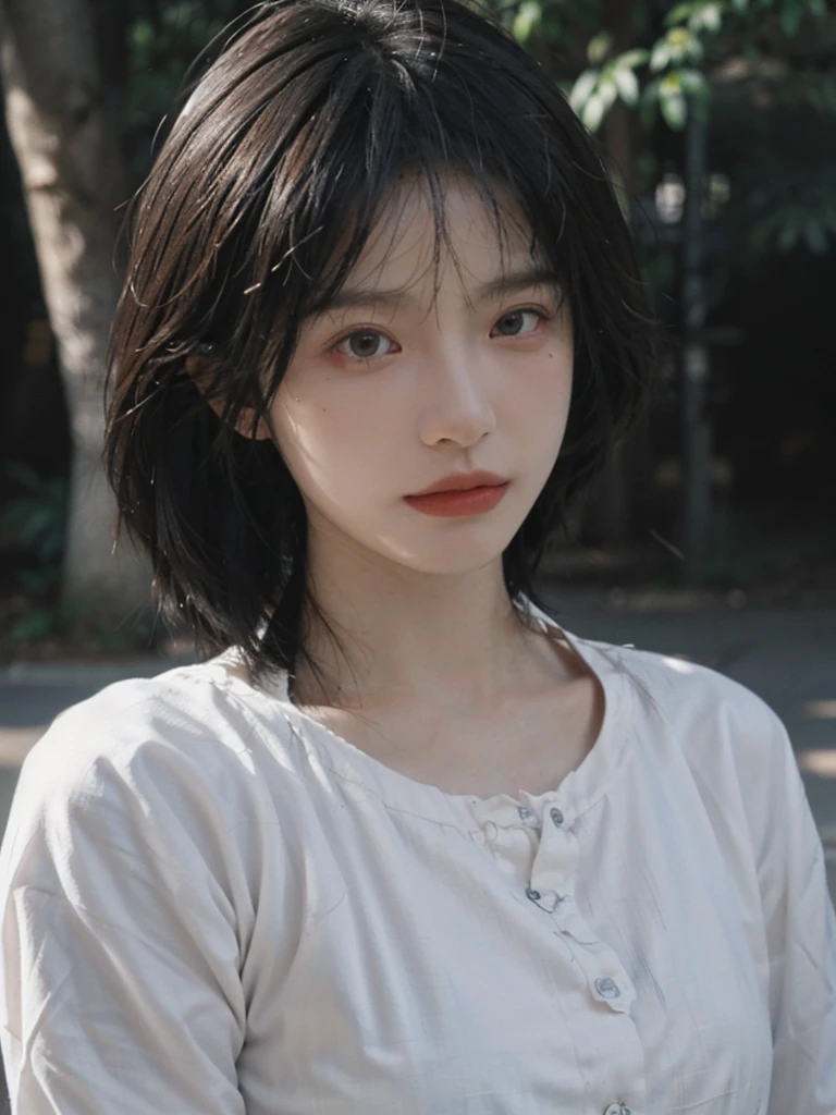 (Skin details:1.4), (smooth skin textures:1.3), Lipstick, background, earrings, Serene, calm, (Realistic and detailed eyes:1.2), (Large Breasts:1.3),Natural skin texture, Realistic facial details, Soft dramatic lighting, Vivid details, 35 mm film, outdoor, (Photo Practical:1.4), (hyper Practical:1.4), (Practical:1.3), (Smoother lighting:1.05), (Improve lighting quality:0.9), (Highest quality real skin textures:1.4), Exquisite eyes, Delicate face, Close-up of face, (Enhance the beauty of skin texture:1.1), Hair details, Model,normal body ratio, short hair, Moles under the eyes, Park background,Portrait Photography, Depth of Field, bokeh, Surrealism, Ray Tracing, (Portrait Photography:1.1), Surrealism, High Detail, clair obscur, Ray Tracing, reflected light, ultra HD, ultra HD, masterpiece, Textured Skin, Super Detail, High Detail, high quality, best quality