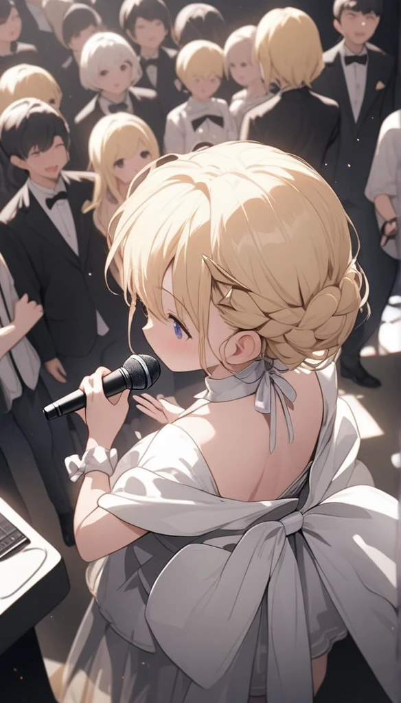 Chibi Character、、、blondes、Brat、Sing with a microphone、white idol costume,A back view of a singer singing to a large audience,Be showered with cheers,Pull angle,Full Shot,Accurate Body,Accurate 5-finger,wireless microphone,whole body,Angle from above and behind