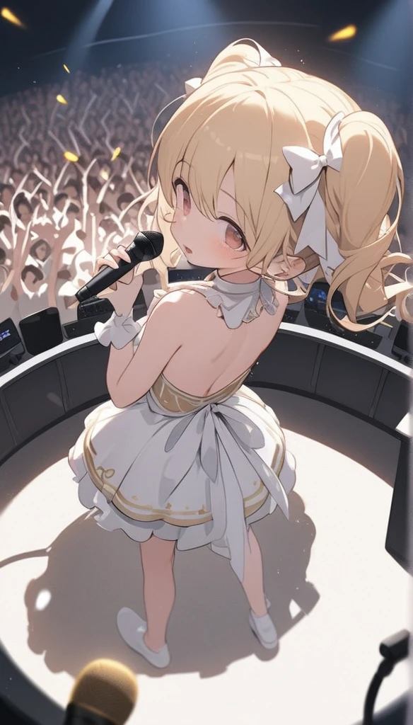 Chibi Character、、、blondes、Brat、Sing with a microphone、white idol costume,A back view of a singer singing to a large audience,Be showered with cheers,Pull angle,Full Shot,Accurate Body,Accurate 5-finger,wireless microphone,whole body,Angle from above and behind