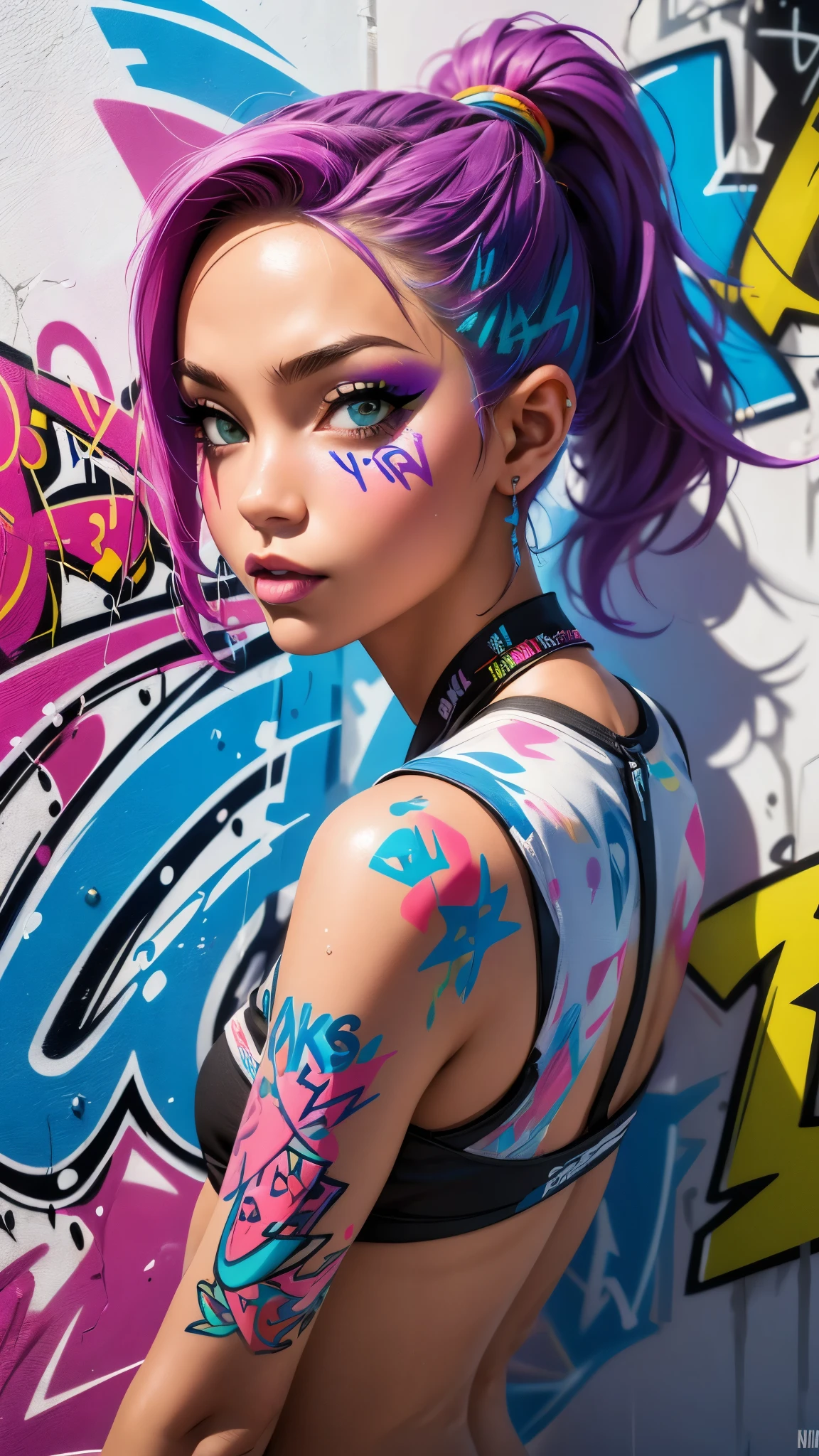 (best quality), (high detail), (vivid colors), (graffiti style), (freestyle), (Close up), (1girl), young sexy female graffiti artist, spraying graffiti on a wall painted with street art, HDR, 8K, 3D, graffiti art style.